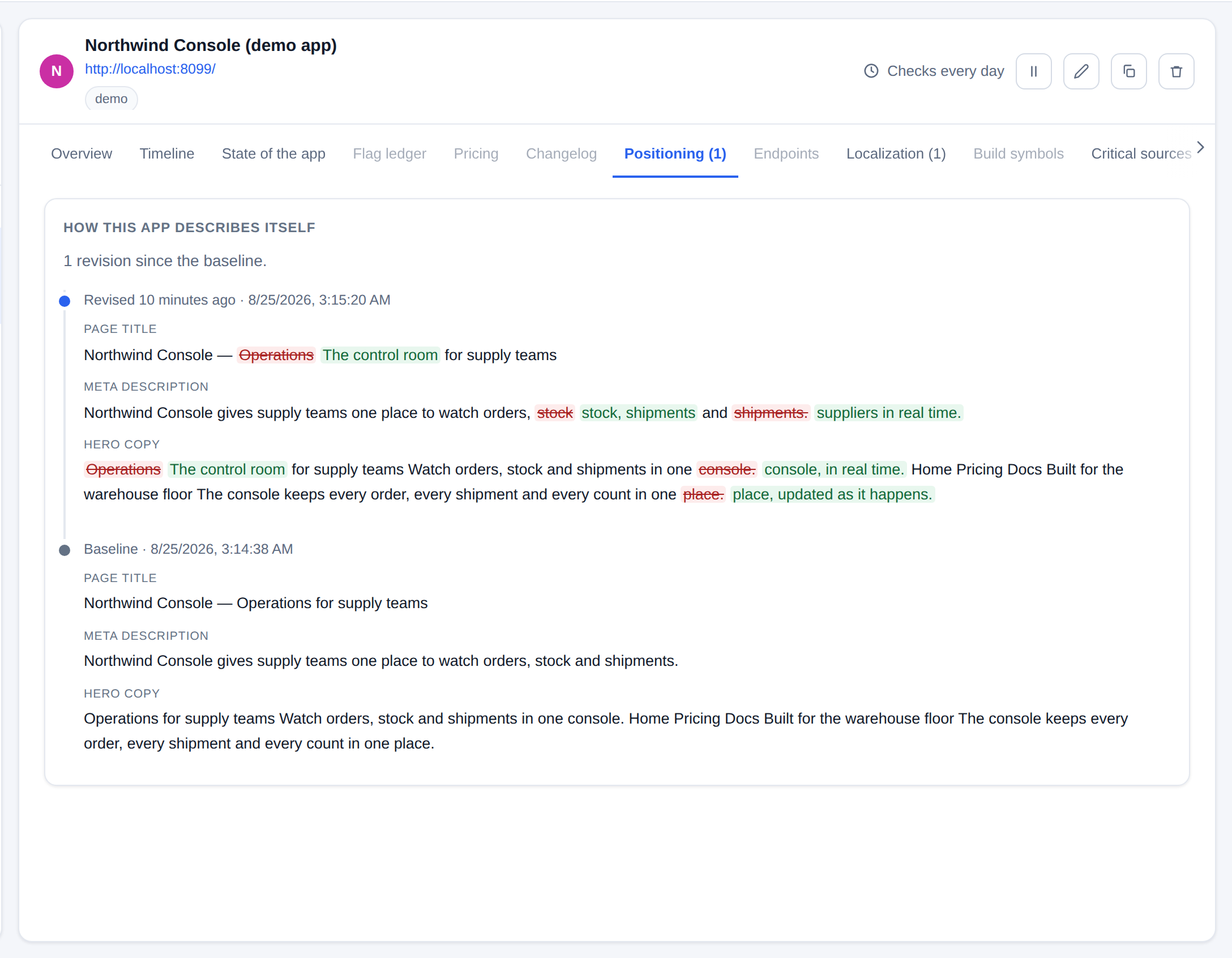The positioning trail for a demo app: its page title, meta description and hero copy, with the words that changed since the last check struck out and the new ones highlighted