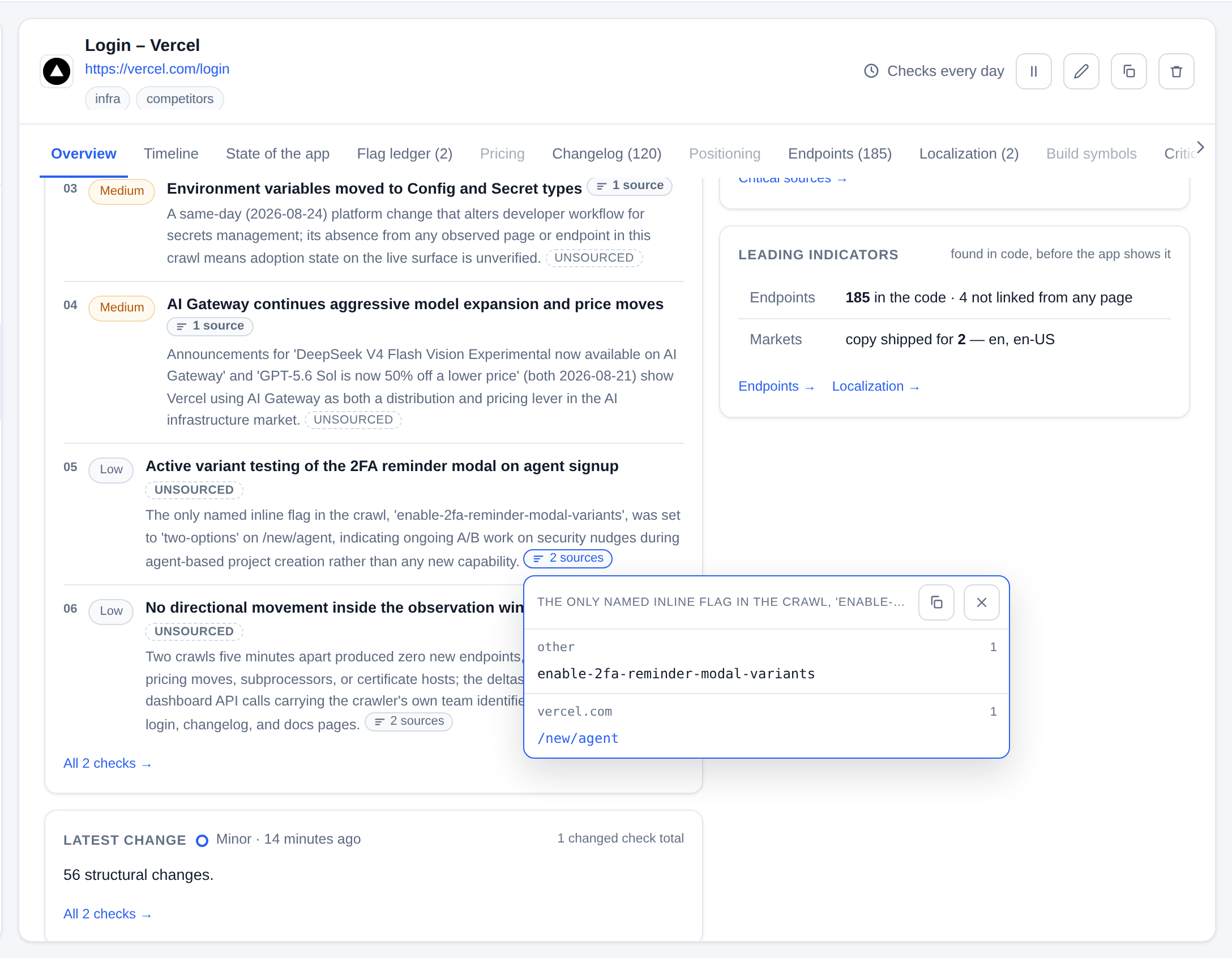 A brief about Vercel with one claim, about A/B testing of a 2FA reminder, opened into its sources: the feature flag it was read from and the page that carried it
